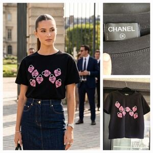 Black T-Shirt with Pink Logo Heart Motif